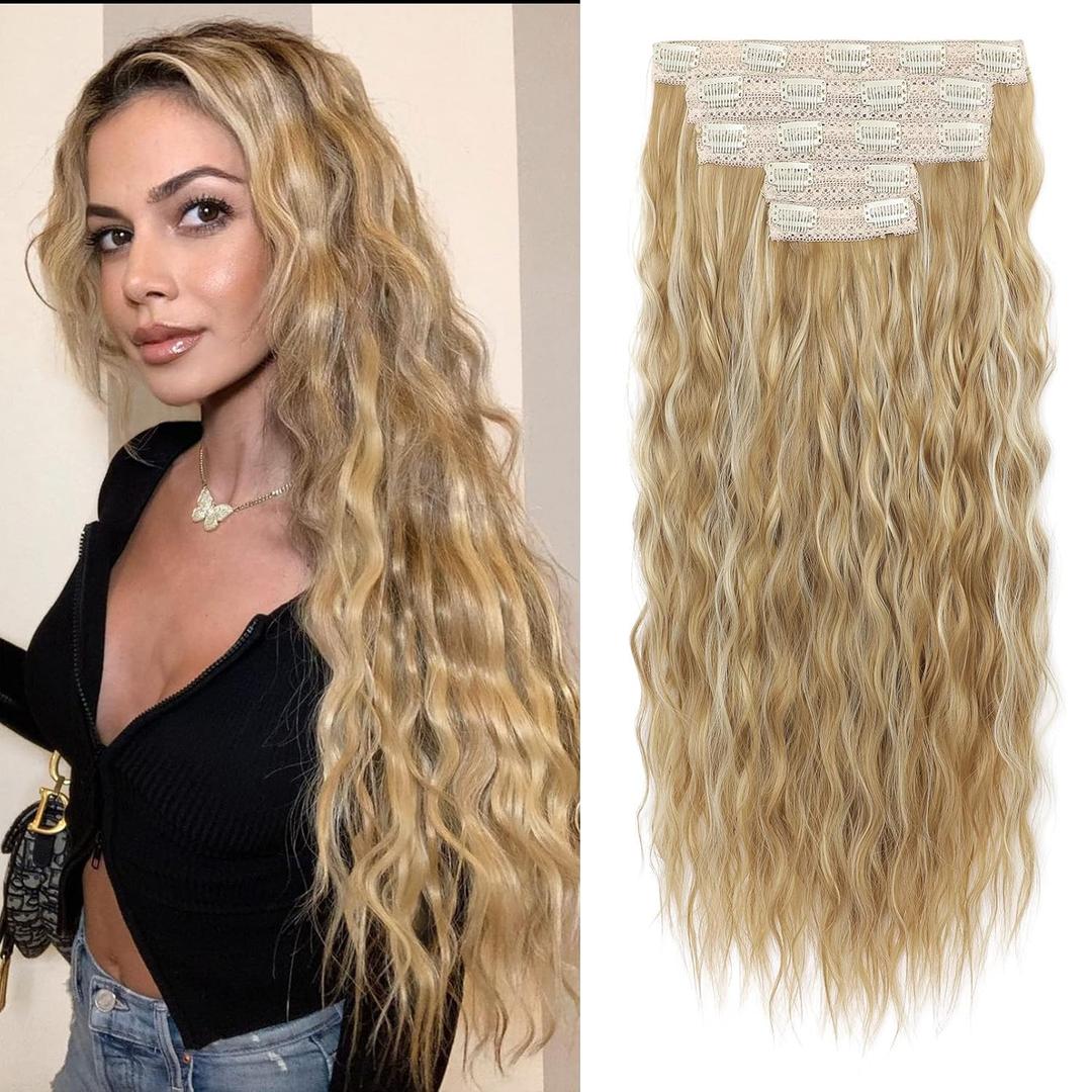 REECHO Clip in Hair Extensions, 5PCS Brown Hair Extensions 24" Thick Long Loose Waves hair extensions HE002 Invisible Lace Weft Natural Soft Hairpieces for Women  Dark Blonde with Highlights