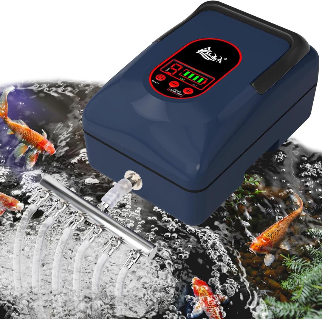 AQQA Rechargeable Aquarium Air Pump, 12W Portable Aerator for Fish Tank & Pond, 6 Outlets 280 GPH for 5-1000 Gallon, Outdoor Fishing and Emergency Power Outage