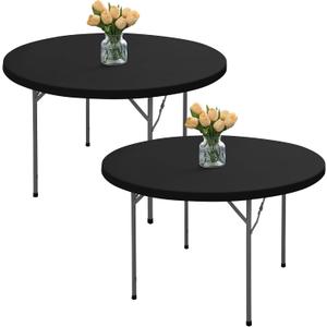 Fitted Round Table Cover with Elastic - 2 Pack Black Round Tablecloths 60 Inch, Windproof & Non-Slip Dining Circle Table Protector for Outdoor Picnic, Party, Event