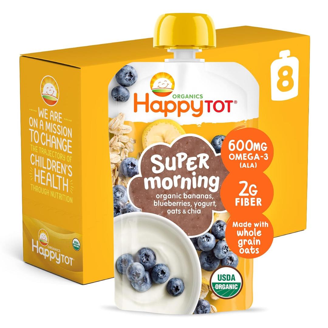 HAPPYTOT Organics Stage 4 Baby Food Pouches, Gluten Free, Super Morning Fruit & Oat Blend, Bananas, Blueberries, Yogurt, Oats & Chia, 4 Oz (Pack of 8)