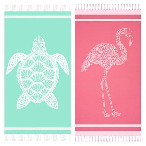 Genovega 2 Packs Cotton Oversized Turkish Beach Towels Quick Dry Sand Free Bath Pool Towel Extra Large XL Big Travel Blanket Adults Essentials Cruise Clearance Accessories Stuff Green Turtle Flamingo