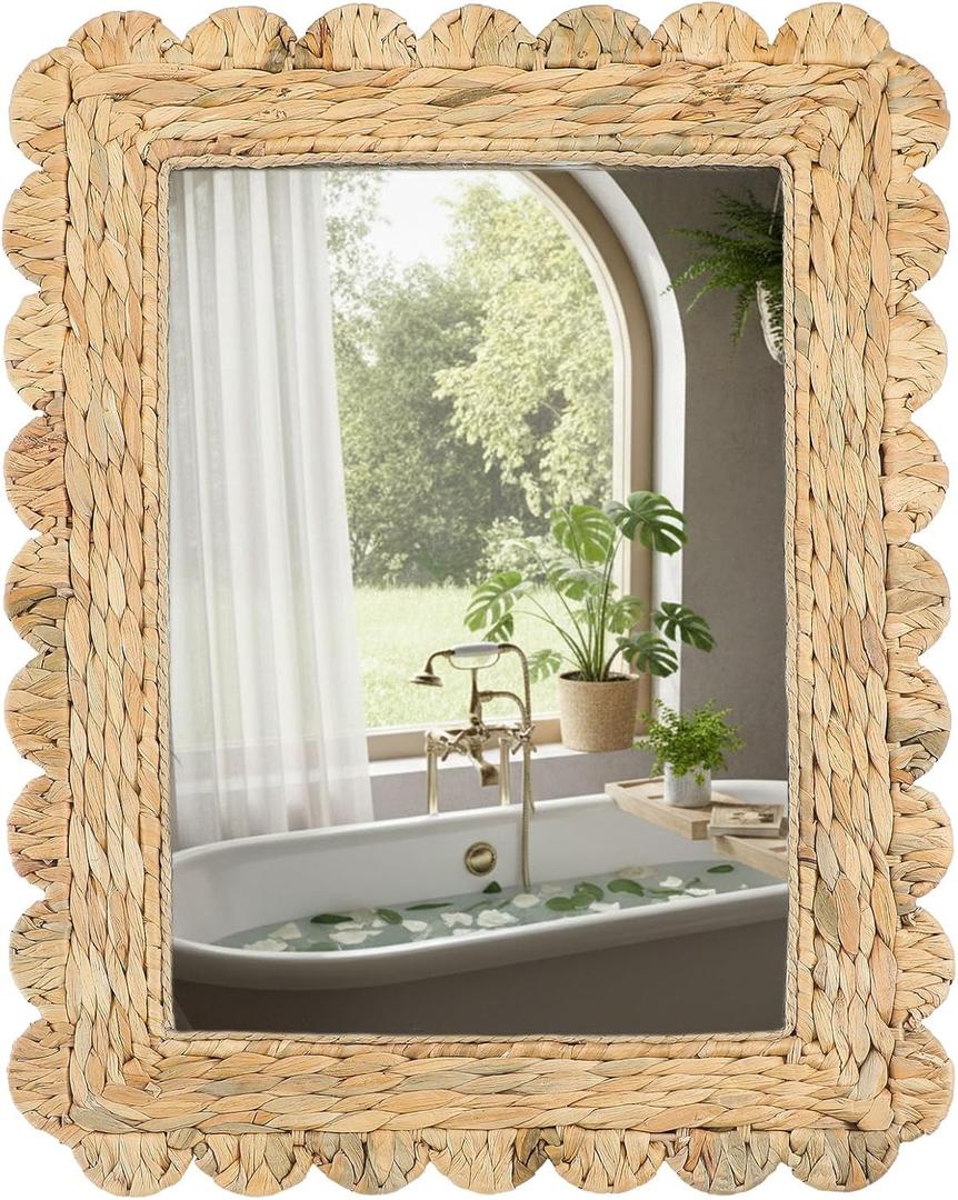 Large Scalloped Water Hyacinth Wall Mirror 23" x 17" Decorative Natural Rattan Wall Wavy Mirror with Authentic Rattan Frame for Bathroom, Living Room, Entryway Decor