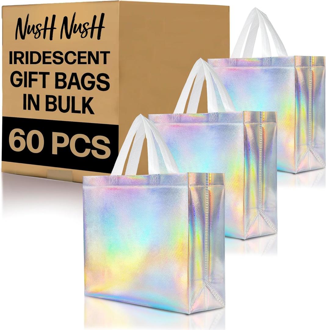 Nush Nush Iridescent Large Gift Bags Bulk - Set of 60 Reusable Holographic Gift Bags with Handles - Goodie Bags for Birthday Parties, Wedding, Small Business, Big Special Events - 13"W x 5"D x 11"H