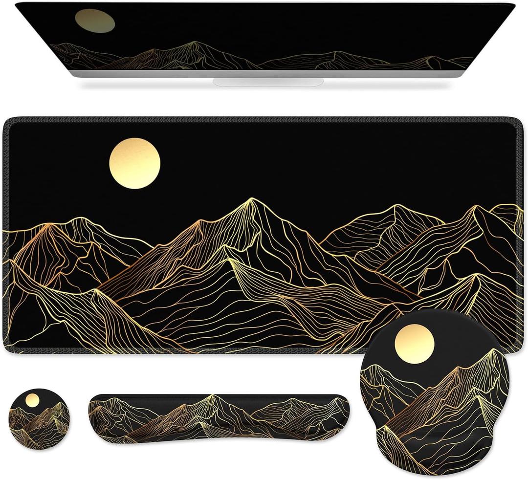 iCasso Large Mouse Pad, 4in1 XXL Mousepad + Keyboard Wrist Rest+Mouse Wrist Rest+Coaster Set with Ergonomic Design for Computer(Gold-Mountain)