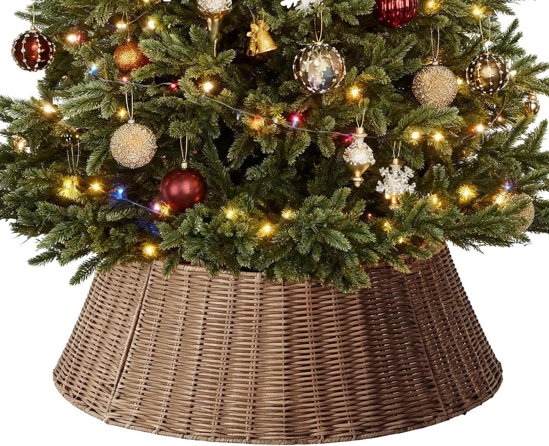 Sweetcrispy Christmas Tree Collar, Wicker Tree Collar for 6-9ft Trees, 4-Piece Wicker Base Cover, Brown (27IN)