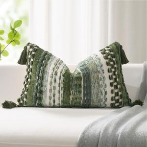 Kevin Textile Spring 12x20 Inch Lumbar Throw Pillow Cover 1 Pack Boho Decorative Soft Chenille Thread Woven Tufted Textured Rectangle Cushion Case Accent for Living Room Couch Sofa Bed, Green