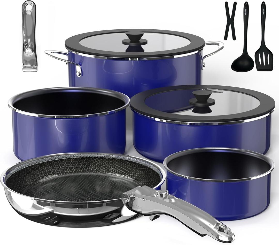 Pro DUXANO 12PC Pots and Pans Set&Hybrid 3-Ply Stainless Steel Skillet, High Heat Sear&Fry, 2-Layer Ceramic Nonstick Induction Cookware, 9H Scratch-Resistant&Anti-Warp,PFAS Free,All Cooktop/Dishwasher (Royal Blue)