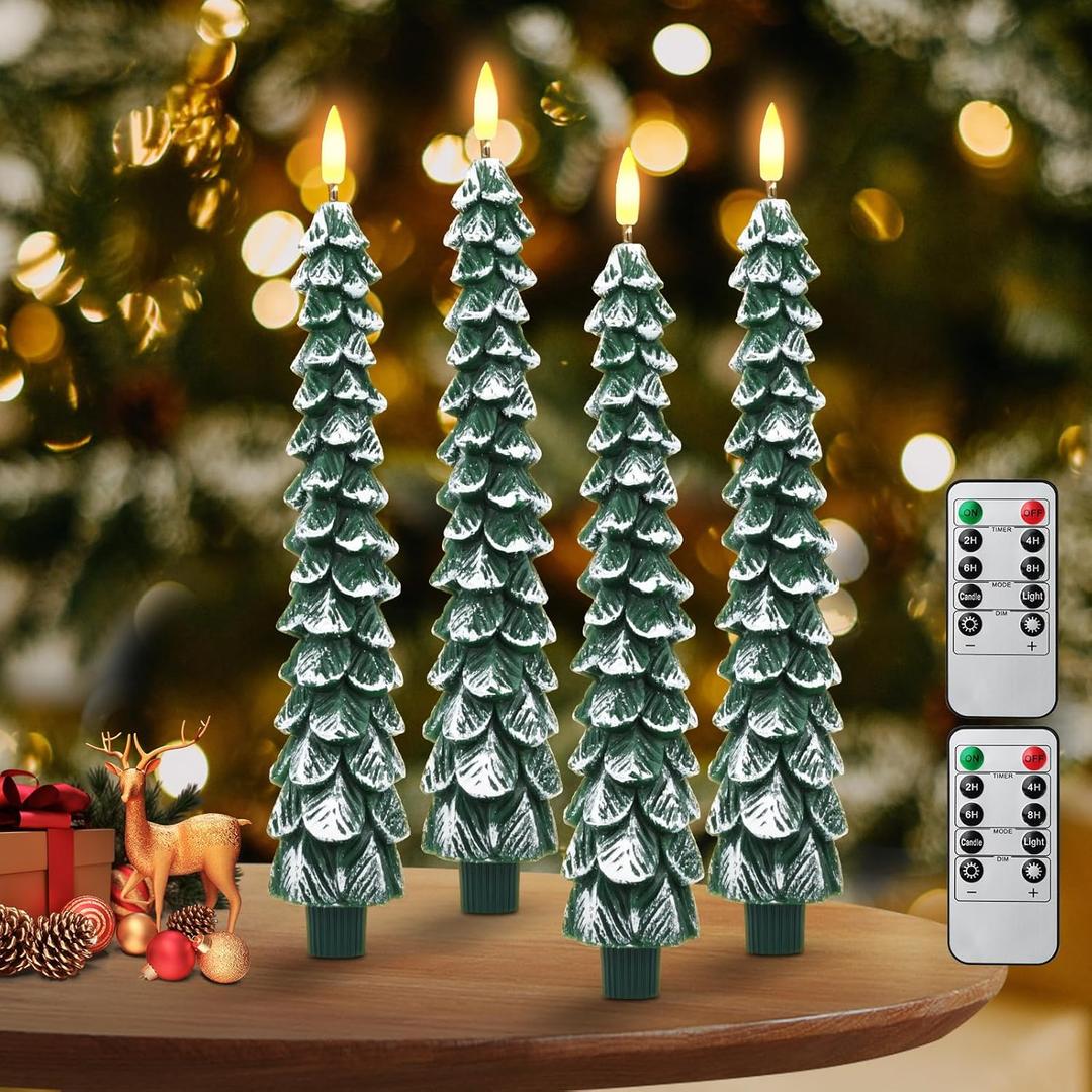 Flameless Candles with Remote  4 Pack Christmas Tree Candles, Battery Operated Snowy Tree Design, 3D Flickering Flame, Safe Holiday Home Decor for Christmas Decorations & Gifts