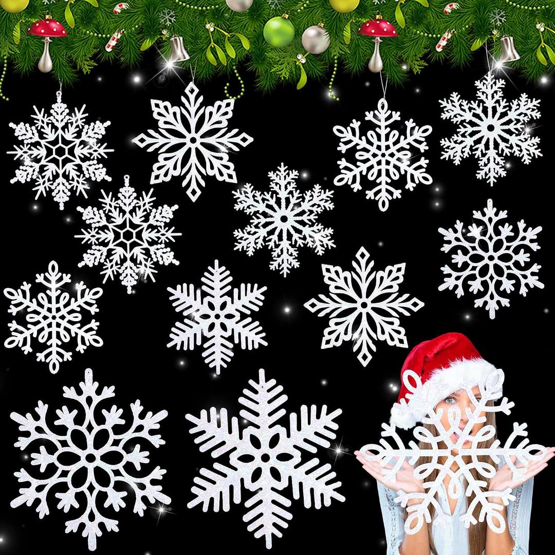 Fovths 12 Pieces Large White Snowflake Ornaments 15.8 Inches Plastic Christmas Snowflakes Decorations Glittered Hanging Snowflakes for Christmas Tree Indoor Outdoor Window Room Decor