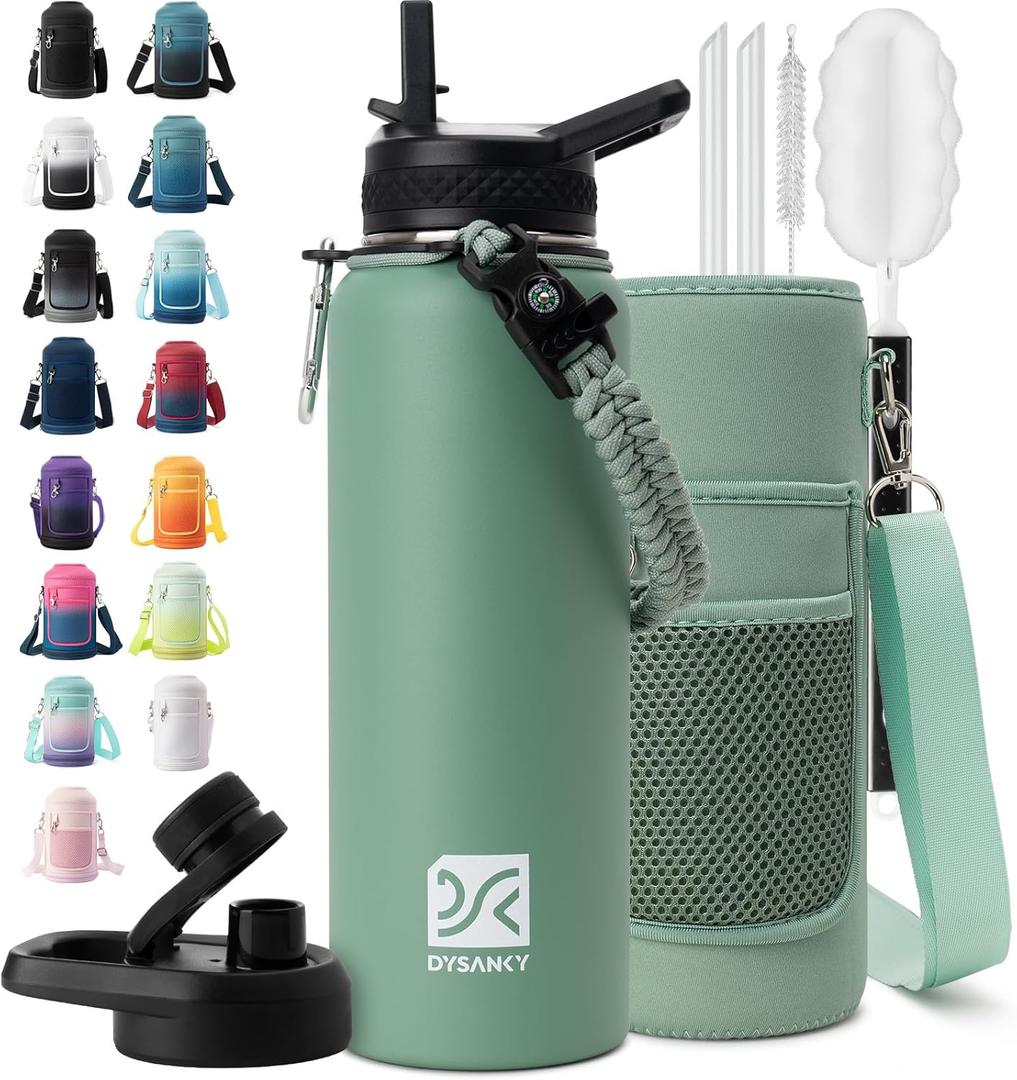 Insulated Water Bottle | Thickened Stainless Steel Vacuum Metal | Portable Sports Water Jug for Gym and Hiking with Straw, Carrier Bag, Handle Strap | BPA-Free 40 oz (Verdant)