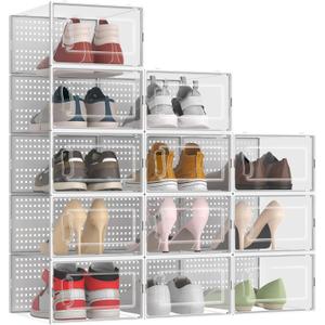 12 Pack XXLarge Modular Clear Plastic Stackable Shoe Storage Organizer for Closet, Space Saving Versatile Sneaker Shoe Rack Containers Bins Holders, Portable Closet Organizers and Storage, White