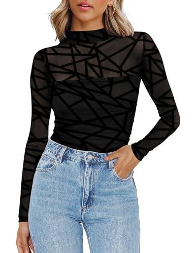 Zeagoo Womens Mesh Sheer Long Sleeve Top Mock Turtle Neck See Though Shirts Ruched Sexy Casual Going Out Blouses Medium