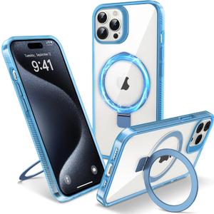 Magnetic Case for iPhone 15 Pro - [Built-in Invisible Stand] [Compatible with MagSafe] [Military Grade Drop Protection] Anti-Yellowing Hard Back Silicone Edge Cover, 6.1", Clear Blue