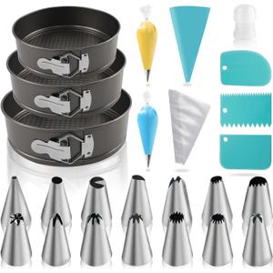 122PCs Cake Pan Sets for Baking, 7/8/9 Inch Round Cake Pans, Nonstick Springform Cake Pans, Cheesecake Baking Pans with 100 Pcs Piping Bags, 16 Pcs Nozzles, 3 Pcs Scrappers