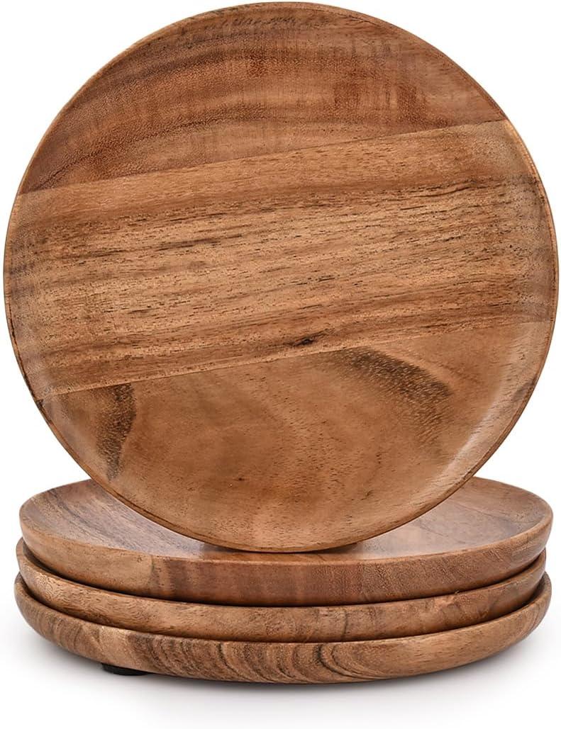 Samhita Acacia Wood Round Wood Plates Set of 4, Easy Cleaning & Lightweight for Dishes Snack, Dessert (7" x 7" x 1")
