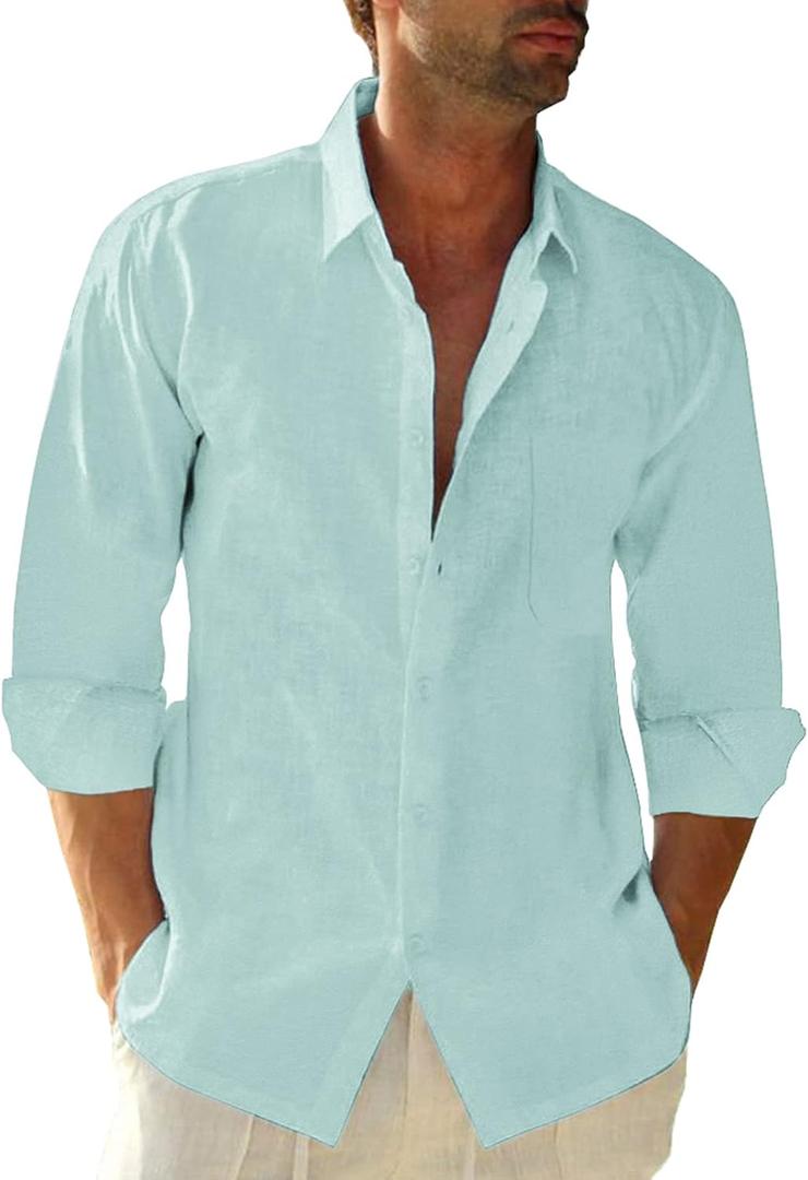 Button Down Linen Shirts for Men Casual Long Sleeve Regular Fit Cotton Beach Shirts with Pocket (Small, Mint Blue)