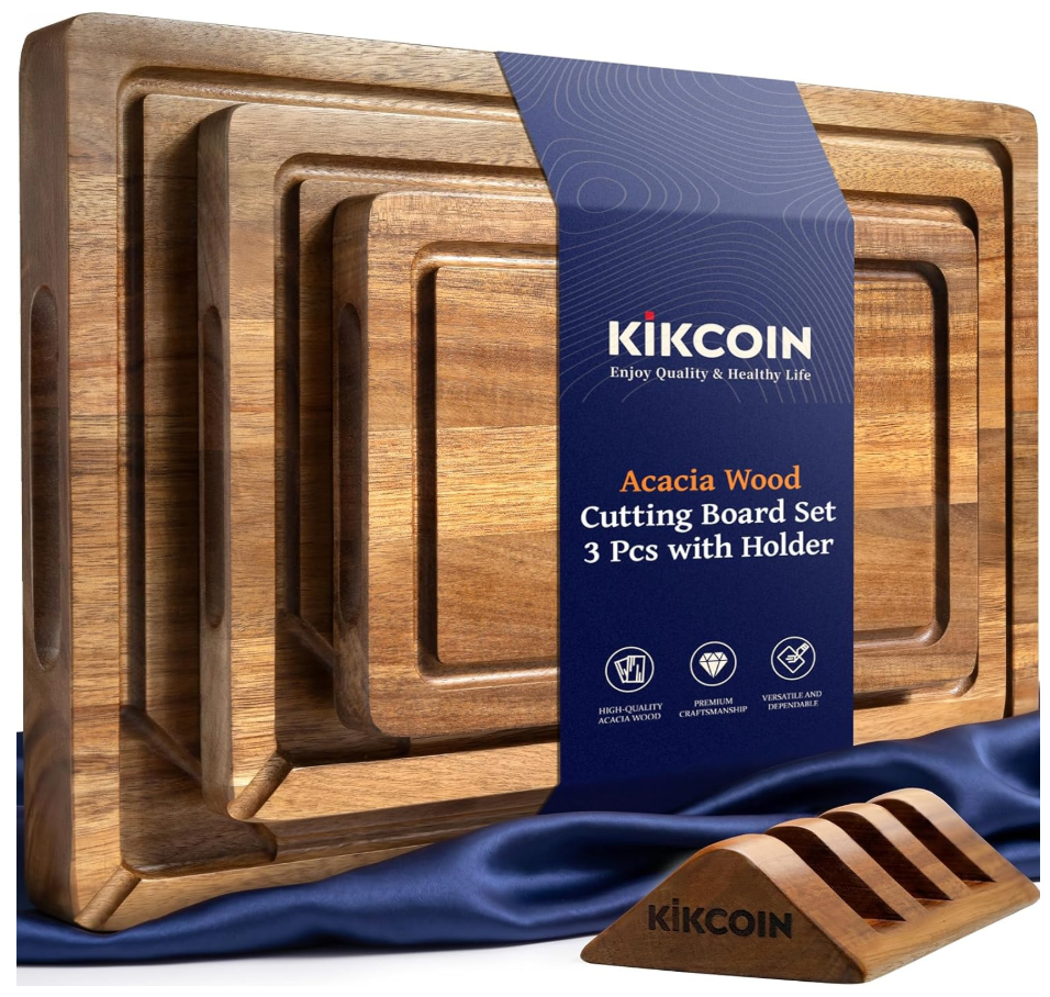 Kikcoin Acacia Wood Cutting Boards for Kitchen, 3 PCS Wooden Cutting Board Set with Holder, Chopping Board with Compartments and Juice Groove, Solid Charcuterie Boards Serving Tray Wood Butcher Block
