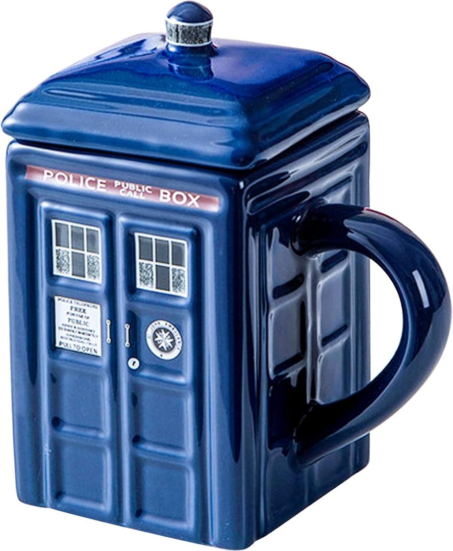 Doctor Who Tardis Police Box Ceramic Mug Cup with Lid,Square Shaped Ceramic Coffee Mug,Holds 450ML of Your Favorite Coffee, Tea, Or Other Drink, Funny Creative Gift Kids Men (Blue1)