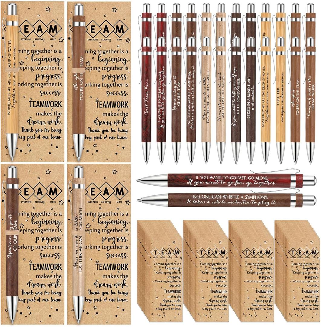 30 Pcs Team Appreciation Gifts Bulk Thank You Gift Inspirational Retractable Bamboo Ballpoint Pen with Thank You Cards for Teacher Nurse Lab Week Office Team Graduation Gift, 12 Styles