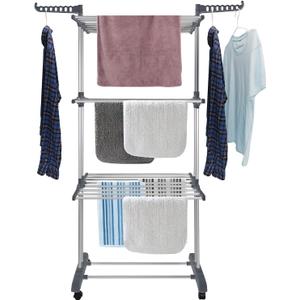 Bigzzia Clothes Drying Rack Folding Drying Rack Clothing 4 Tier Clothes Horses Rack Stainless Steel Laundry Drying Rack with Two Side Wings Grey (Gray)
