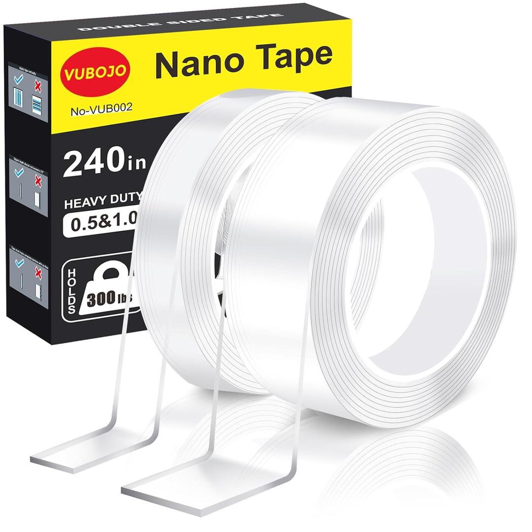2 x VUBOJO 2 Rolls Double Sided Tape Heavy Duty - 240" x 1.0" & 0.5" -Removable Nano Double Sided Adhesive Tape, Clear Mounting Tape Picture Hanging Adhesive Strips (20FT)