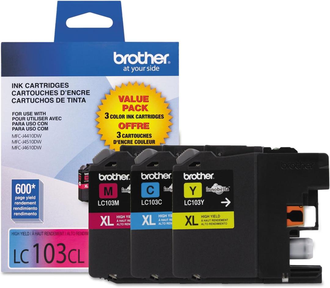 Brother LC1033PKS, LC-103, Innobella High-Yield Ink, 600 Page-Yield, 3/Pack, Cyan-Magenta-Yellow