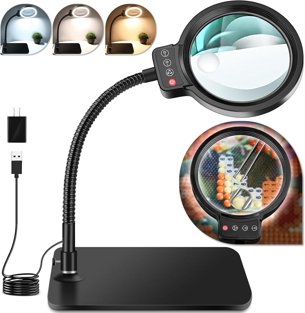 30X 10X Magnifying Glass with Light and Stand, 72 LED 3 Color Modes Stepless Dimmable, Hands Free Lighted Magnifier Desk Lamp for Close Work Craft Hobby Painting Sewing Jewelry Reading, Square (Black)