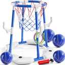 Pool Basketball Hoop, 2-in-1 Floating Pool Toys Ring Game with 4 Balls and Pump, Outdoor Swimming Pool Basketball Games Water Play Toy Family Party for Kids Adults Age 3-12 (Blue)