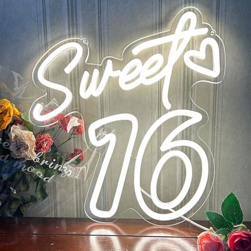 Sweet 16 Neon Sign for Wall Decor Personalized Sixteen Birthday Light Sweet 16 LED Light Sign Sweet Girl Bedroom Happy Birthday Party Wall Decor Party Gift Warm White