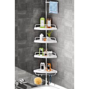 HAMITOR Corner Shower Caddy Tension Pole: Adjustable Stainless Steel Shower Organizer with 4 Tier Shelf for Bathroom Bathtub Tub Shampoo - Floor Standing Rack Bath Storage Holder with Rust Proof Rods (Silver)