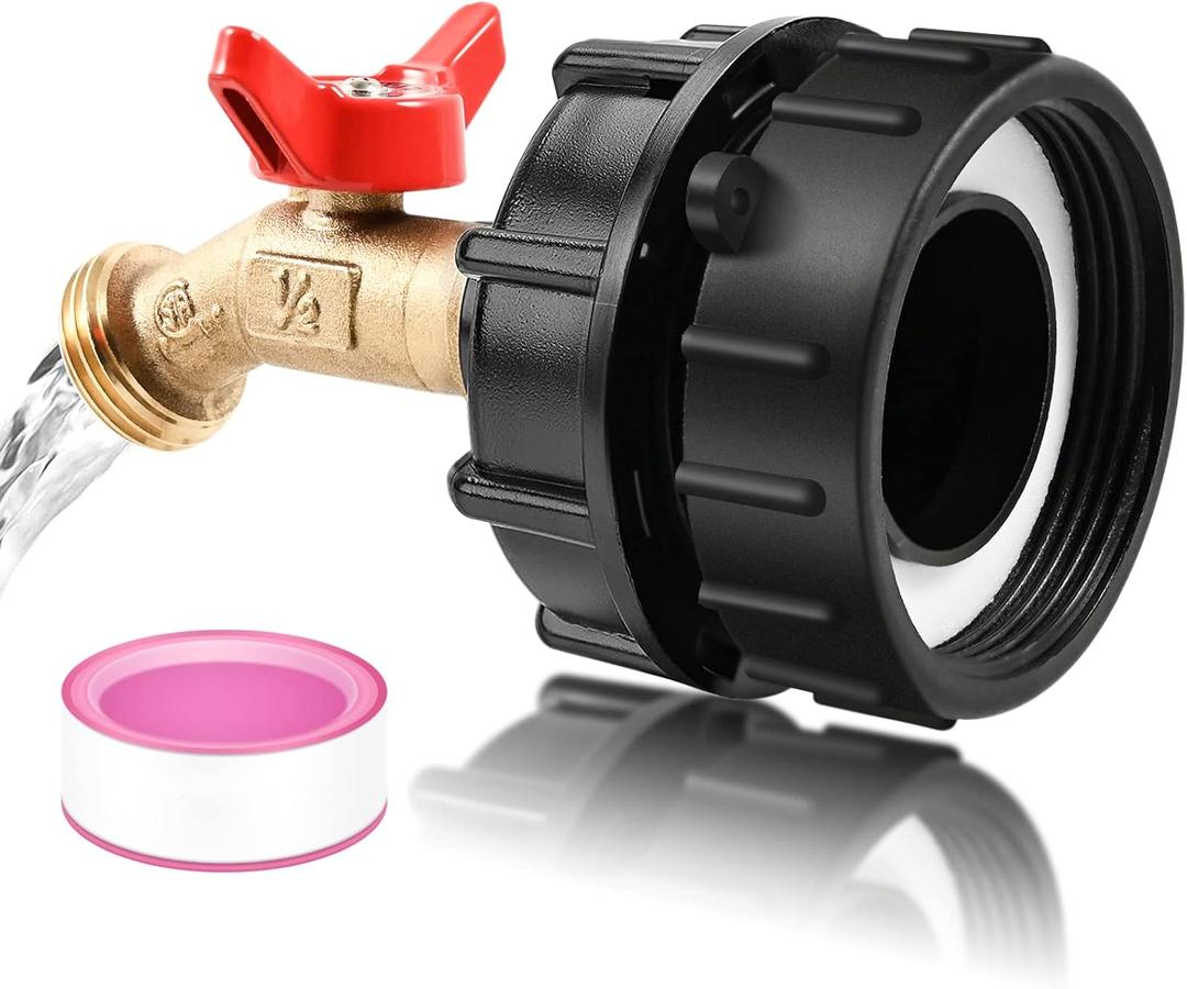 IBC Tote Adapter Fittings, 275-330 Gallon IBC Tote Water Tank Adapter, 2.44" Fine Thread IBC Tote Valve Faucet, Brass Garden Hose Connector, IBC Tote to Garden Hose Adapter (Red)