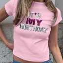 Birthday Shirts for Women It's My Birthday Graphic Tees Funny Crop Shirt Glitter Y2k Baby Short Sleeve Top (Pink, XXL)