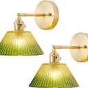 Wall Sconces Set of Two Hardwired, Vintage Wall Light with Gradient Green Glass Lampshade, Bathroom Wall Sconces with Switch, Gold Wall Light Wall Decor Set of 2, Small