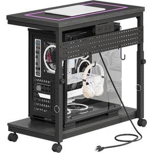 CHOEZON 31.5" Large Computer Tower Stand with Power Outlet, Under-Desk PC Cart with 2 Hooks, PC Stand with LED, Height Adjustable PC Tower Holder on Wheels, for Living Room, Office, Black TCJ51UDBB
