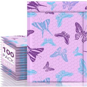 Fuxury Bubble Mailers 6x10" Pinkish-Purple Padded Envelopes 100 Pack with Blue-Purple Butterfly Special Design Padded Mailers Waterproof Bubble Envelopes for small business Jewelry Makeup Supplies #0