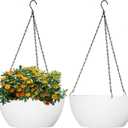 10 inch Hanging Planters for Outdoor Indoor Plants with Drainage Holes and Chain, 2 Pack Round Hanging Flower Plant Pots for Garden Home Porch Decor, White