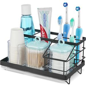 Stainless Steel 7 Slots Electric Toothbrush and Toothpaste Holder, Bathroom Countertop Organizer for Bathroom Accessories Organization Counter Vanity Storage, Black