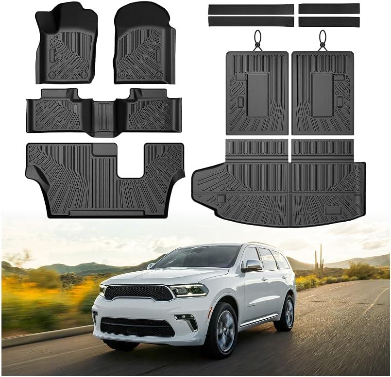 Mixsuper Floor Mat & Cargo Liner for Dodge Durango 7-Seater 2016-2026,All Weather TPE Floor mat with Backrest and Door Sill Guards Durango Accessories,Anti-Slip Floor Liners Set, Black