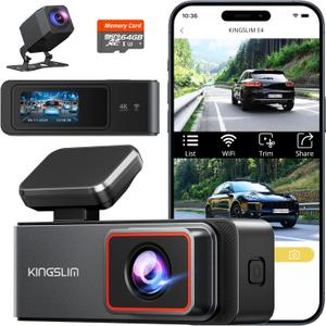 Kingslim 4K Dash Cam Front and Rear, Front 4K Rear 1080P Dual Dash Camera for Cars, Mini Dashcam with 64GB Card, APP Control, Night Vision, G-Sensor, Loop Recording, Parking Mode (Black)