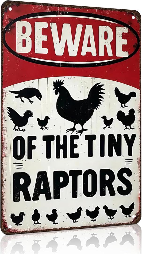 Funny Gifts for Women Chicken Lovers Farm Enthusiasts Beware of The Tiny Raptor Chicken Tin Sign for Chicken Coop Farm Kitchen Garden Yard Decor 8 X 12 Inch (3921) (Red)