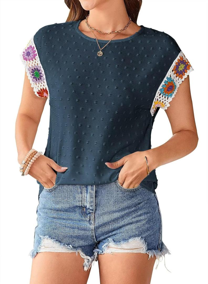 Womens Summer Tops 2025 Boho Tops for Women Color Crew Neck Short Sleeve Casual Blouse (Large, Blue)