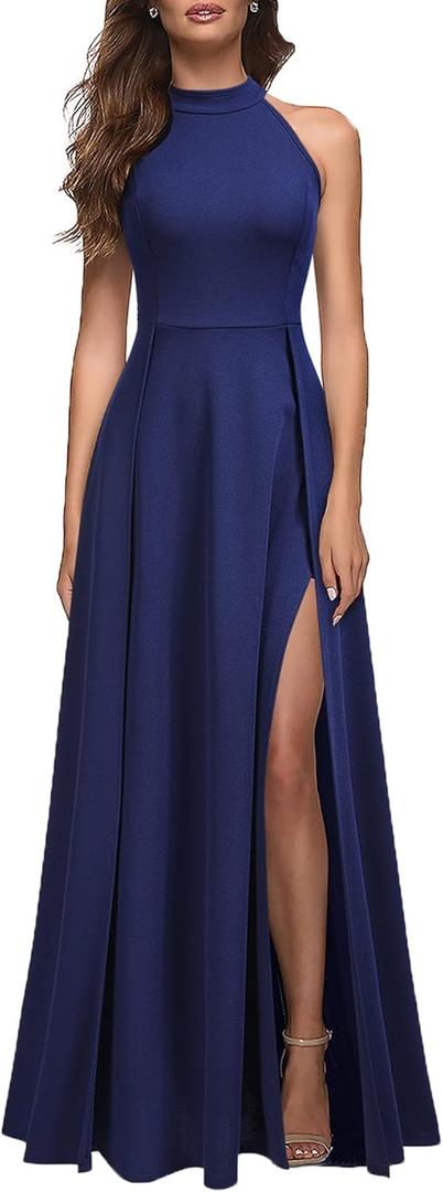 MUSHARE Women's Halter Neck Sexy Split Cocktail Party Maxi Long Formal Dress (Medium, Navy Blue)
