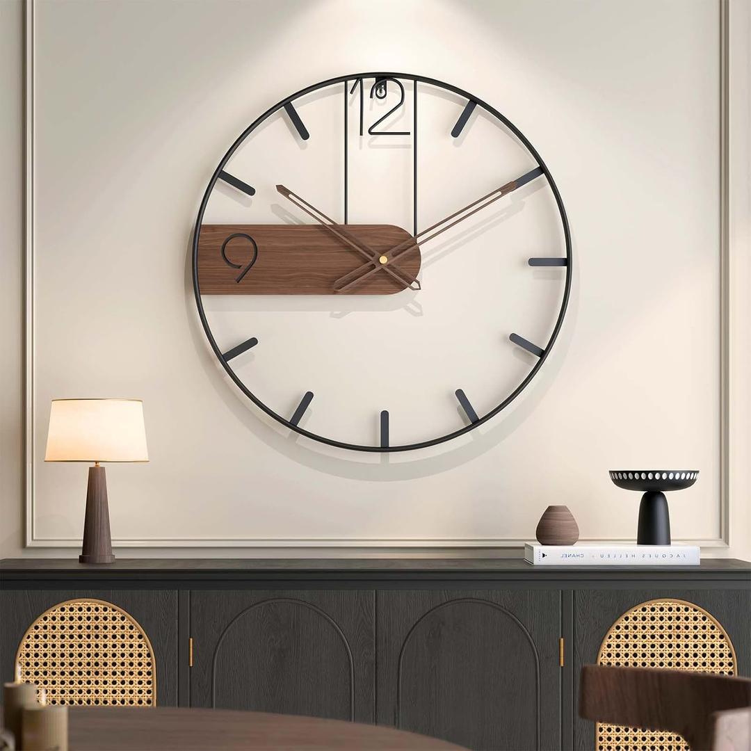 Cuspin 24 Inch Large Wall Clock, Modern Battery Operated Clocks for Living Room Decor, Silent Non Ticking Decoration Minimalist Wall Clock Black Metal Frame with Walnut Dial, Arabic Numerals