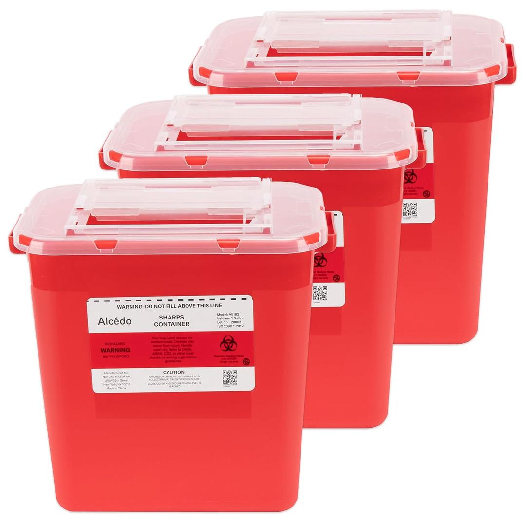 Alcedo Sharps Container for Home Use 2 Gallon (3-Pack), Biohazard Needle and Syringe Disposal, Professional Medical Grade