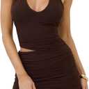 Women's Sexy Halter Deep V Neck Bodycon Cut Out Waist Backless Stretch Short Dress Party Club Mini Dresses (Medium, Coffee)