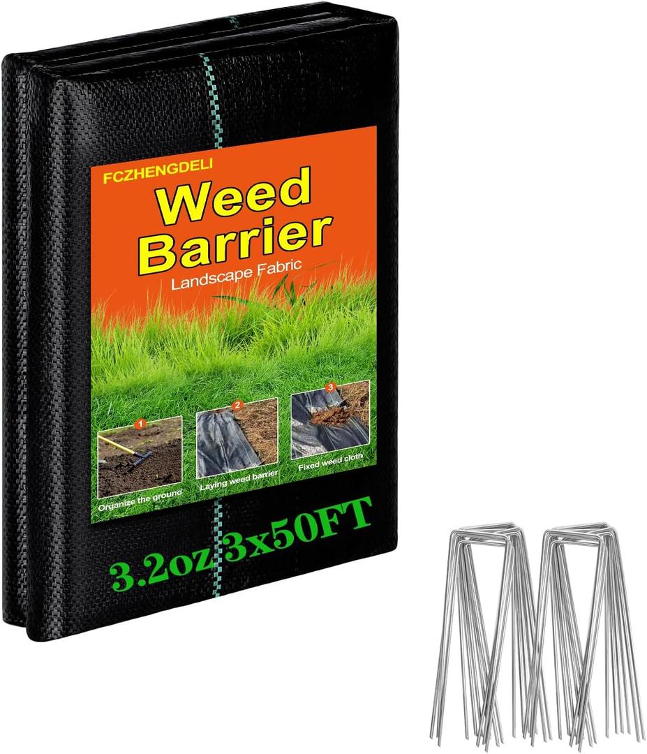 FZHENGDELI Heavy Duty Weed Barrier, 3.2oz Thick Geotextile Landscape Fabric 3ft x 50ft with 20 U-Shaped Stakes, Commercial Grade Weed Block Ground Cover, Black
