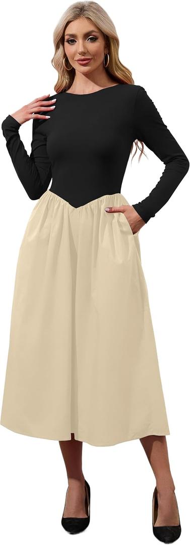 Womens Boat Neck Long Sleeve Maxi Dress Drop-Waist Midi Dress Casual Slim Fit Flared Flowy Swing Long Dresses Black Apricot
