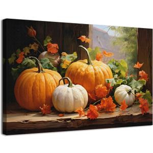 Pumpkin Canvas Wall Art Fall Pictures Maple Leaf Autumn Decor Thanksgiving Wall Framed Prints Rustic Halloween Themed Wall Decor Modern Artwork for Living Room Kitchen Bedroom Home Decorations 16x24