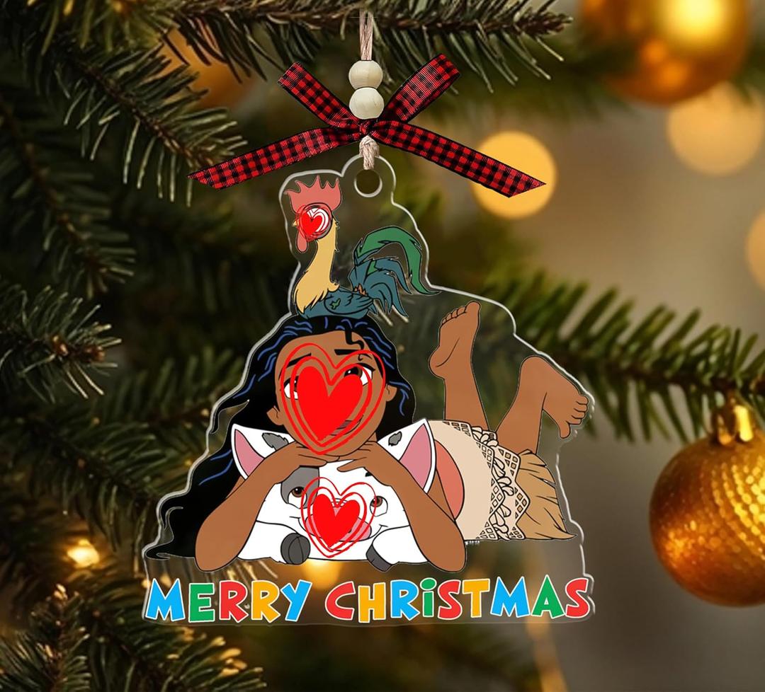 Island Girl with Pig and Rooster Cartoon Christmas Acrylic Ornament, Holiday Decoration, Moana-Style Cartoon Gift for Kids, Boys, Girls, Fans (with Red Bow & Wooden Beads)