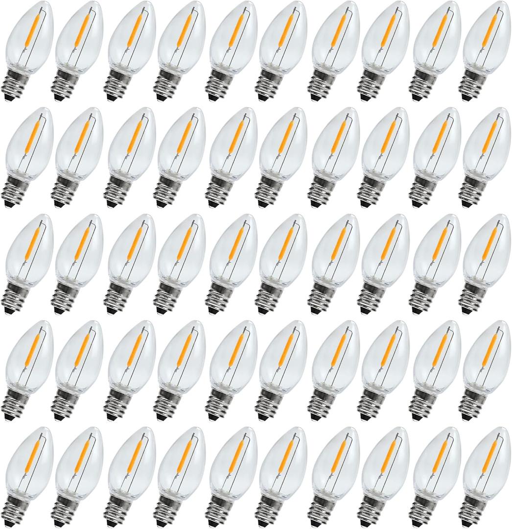 50 Pack C7 LED Night Light Bulbs, C7 LED Replacement Light Bulb for Christmas String Light, 0.6 Watt Equivalent to 7 Watt, Warm White 2200K, E12 Candelabra Base Clear Plastic LED Bulbs
